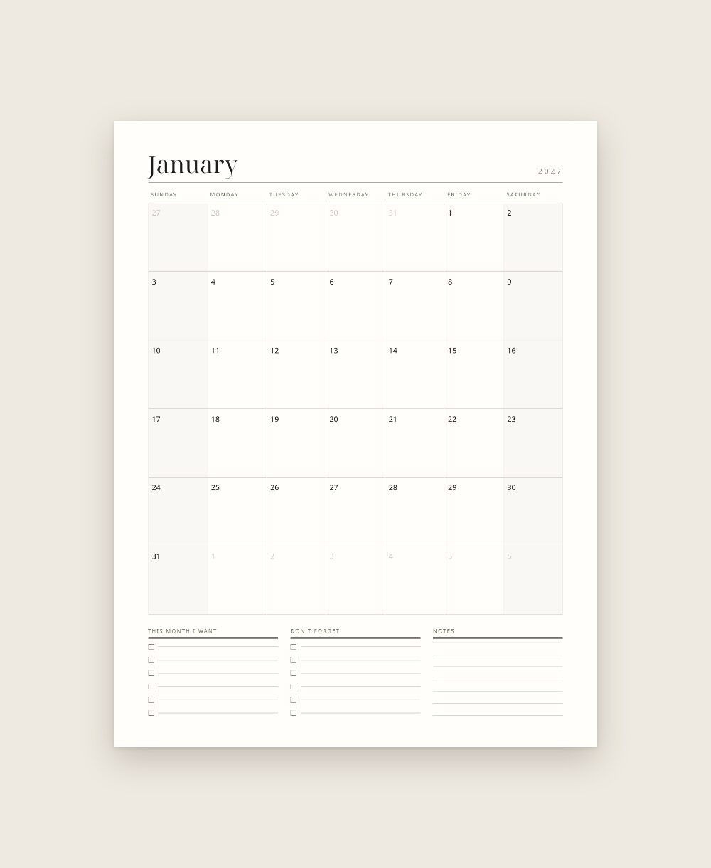 A month page from the 2027 planner, showing the six-week grid and
        the space for notes beneath it.